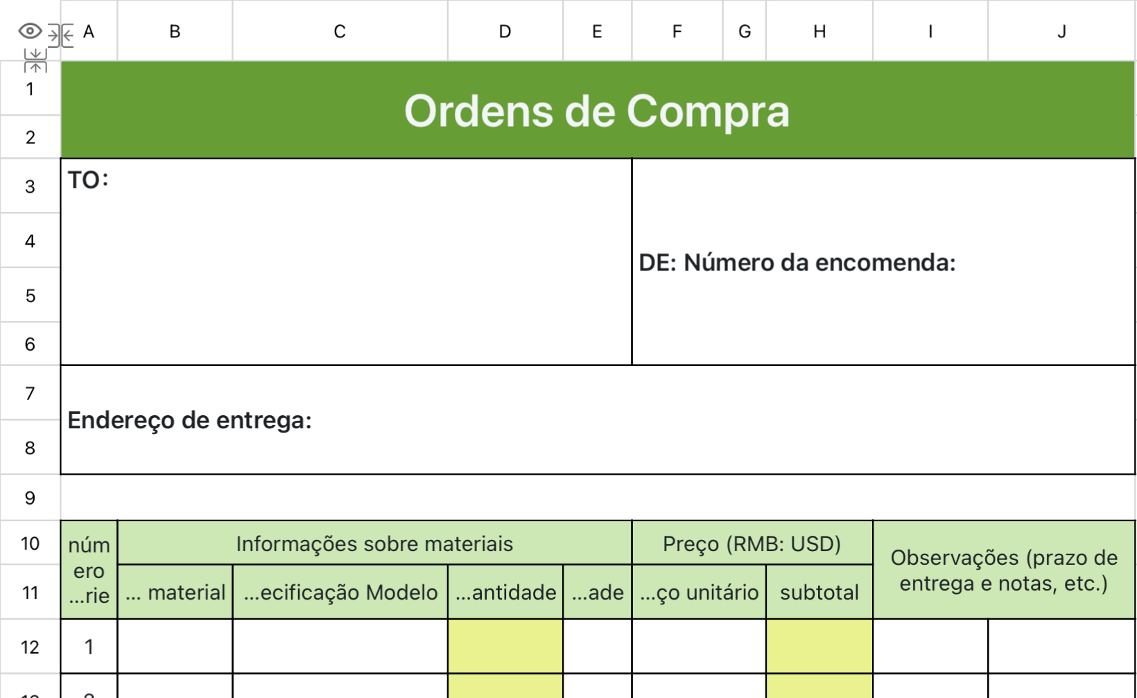 Formulário de pedido de compra